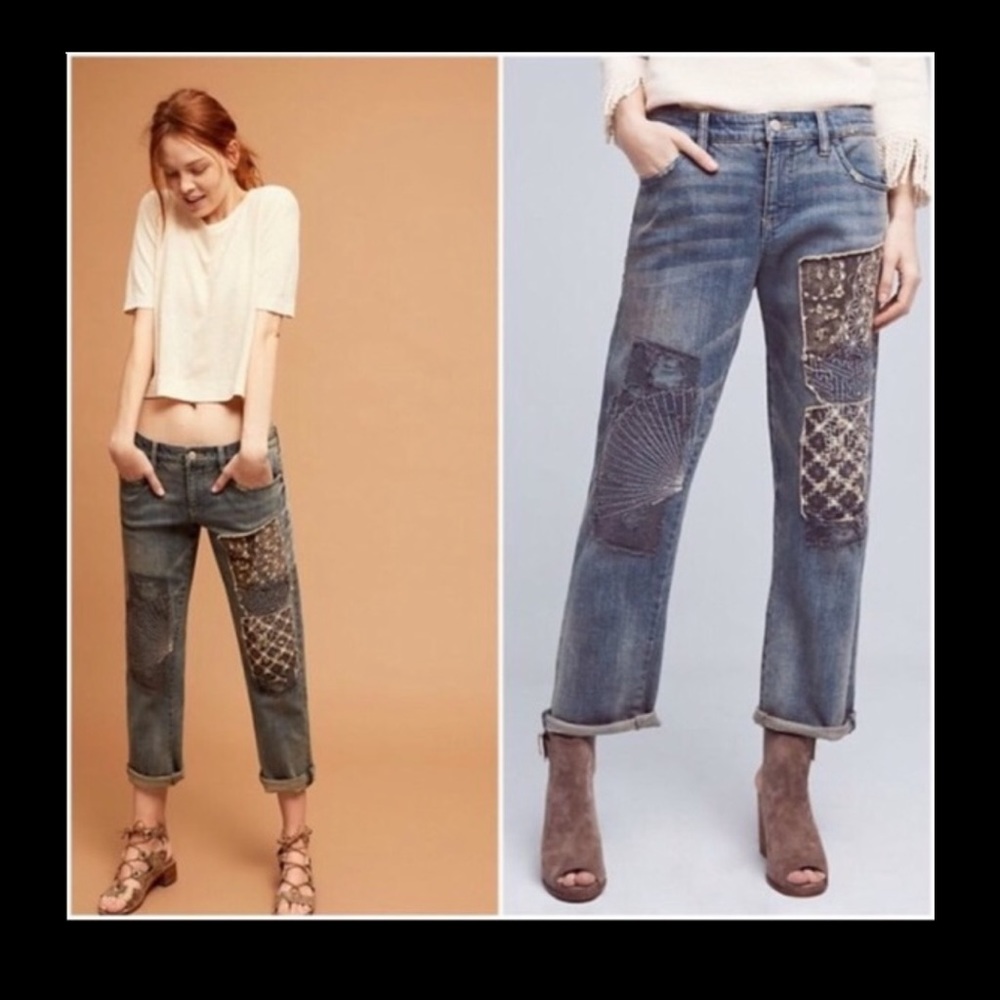 Anthropologie Patchwork Straight-Leg Jeans in Denim Blue